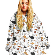 Cute Cats Hoodie Fleece Blanket Oodie Blanket 3D , Unisex Oversized Hoodie Blanket